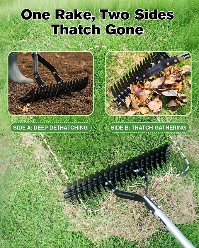 Saker Thatch Rake for Lawn Dethatching, 15" Heavy Duty Thatching Rake with 71" Adjustable Long Handle, 19 Dual-Side Steel Tines, Metal Turf Rake for Grass, Soil, Yard & Garden Lawn Care
