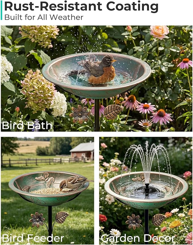 Metal Bird Bath for Outside, 13" Diameter Bird Bath with Removable Bowl, Heavy Duty 5-Prong Stake Base, Freestanding Outdoor Birdbath for Garden Patio Yard (Verdigris Butterfly & Sunflower)