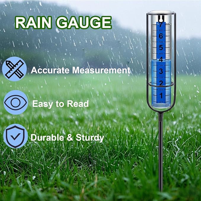 Rain Gauge Upgrade, 7" Freeze-Proof Rain Gauge Outdoor Best Rated, Large Clear Numbers and Adjustable Height - Stylish and Practical Rain Measuring Tool for Garden, Lawn, Patio