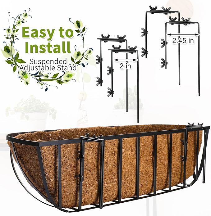 Tessco for you 4 Pieces Railing Planter Boxes, 36 Inches Window Box Planters with Coco Liner and Adjustable Brackets for Deck Porch Fence Patio Balcony Gardening Outdoor Plants