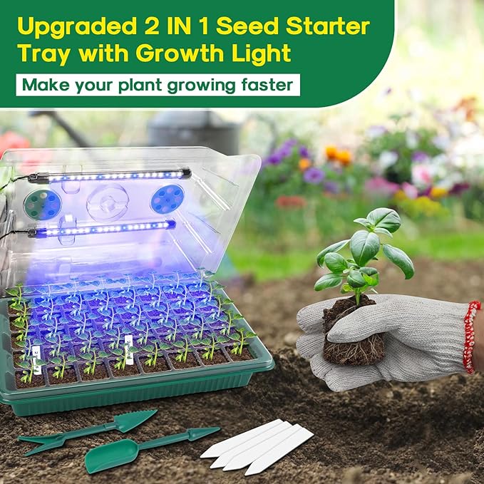 BlumWay Seed Starter Tray with Grow Light,2 Pack 80 Cells Seedling Tray Kit with Humidity Dome/Indoor Plant Starter Kit, Adjustable Brightness Plant Germination Trays-Green