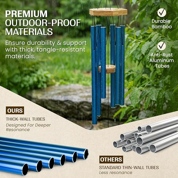 Blue Wind Chimes for Outside, 29 Inch Hand Tuned G Major Pentatonic Wind Chime, Memorial Sympathy Gift for Loss of Loved One, Deep Tone Aluminum Bamboo Garden Patio Porch Decor