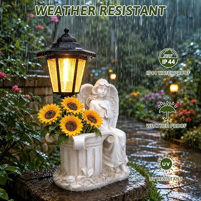 Solar Angel Outdoor Statues, Garden Sculptures with Lantern & Flower Pot, Angel Figurines for Yard Lawn Porch Patio Balcony Decor- Gifts for Women Mom Grandma