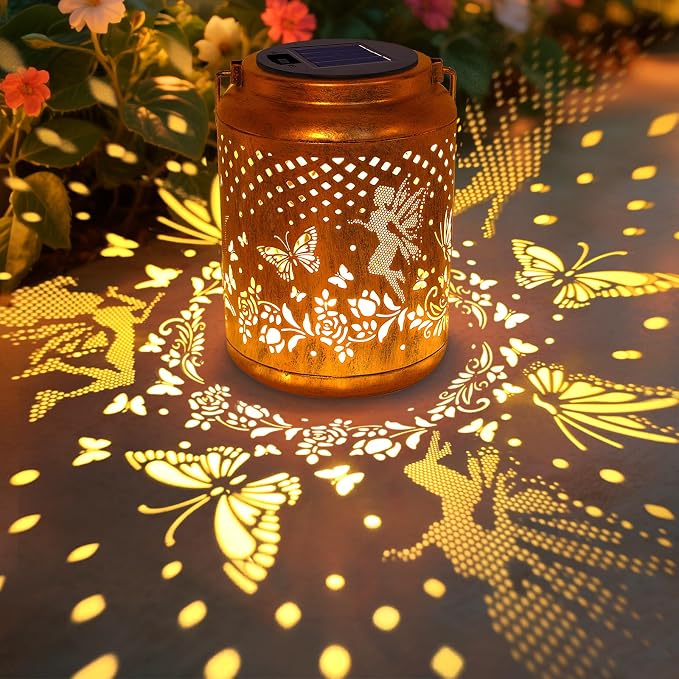 Solar Lanterns Outdoor Hanging Lantern Lights, Fairy Butterfly Metal Garden Decor Waterproof Solar Lights LED Decorative Outside for Garden Yard Patio Lawn Porch, Mothers Day Gifts for Women Mom