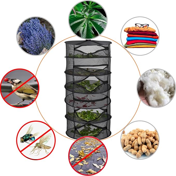 Desy & Feeci Drying Net Herbs 6-Layer Hanging Herbs Drying Rack Drying Net with Zips, Black, 60 x 120 cm