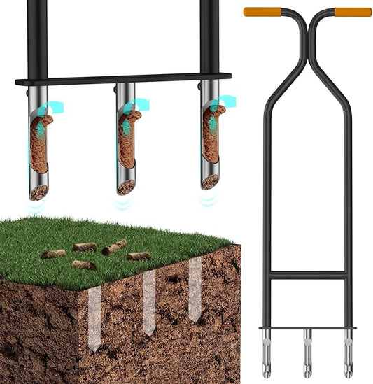 Heavy Duty Manual Lawn Core Aerator Tool, Semi-Assembled Yard Plug Aerator with 3 Stainless Steel Hollow Tines for Effortless Aeration, Compacted Soil & Lawn Care