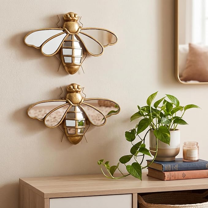 Sliner 2 Pcs Bee Mirror Wall Decor, Gold Resin Aesthetic Insect Wall Art, Vintage Decorative Bug Animal Glass Mirrors for European Themed Home Nursery Garden, Elegant Nature Gift for Summer Wedding