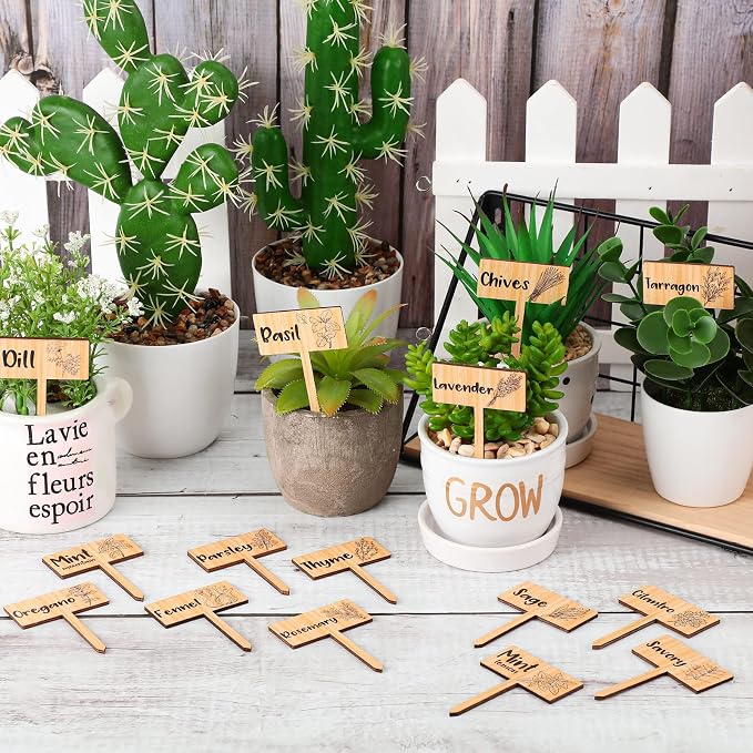 Bucherry 15 Pcs Garden Plant Label Signs, Wooden Herb Markers T Type with Printed Herb Name Waterproof Plant Marker Stakes for Indoor Outdoor Garden Seedlings Flowerpot Potted