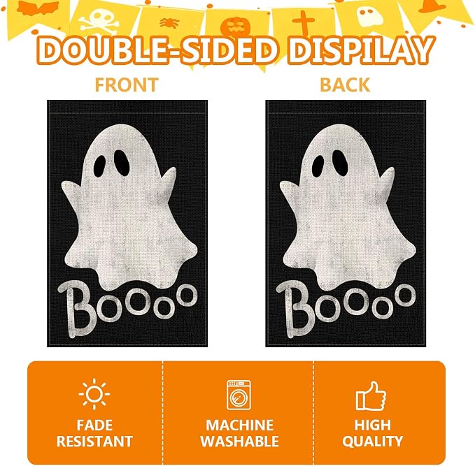 Halloween Ghost Garden Flag 12x18 Inch, Double Sided Holiday Burlap Yard Flag for Outdoor Decoration