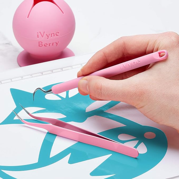iVyne Berry and Silicone Weeding Tools - Suction Vinyl Weeder, Craft Tweezer, Scrap Collector Holder - Cricut & Silhouette Accessories - Pink