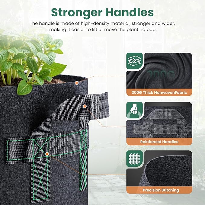 Jorvila 10 Pack 3 Gallon Grow Bags, Thickened Nonwoven Fabric Planter Pots with Handles, Heavy Duty 300G Garden Pots for Tomato, Potato and Vegetable