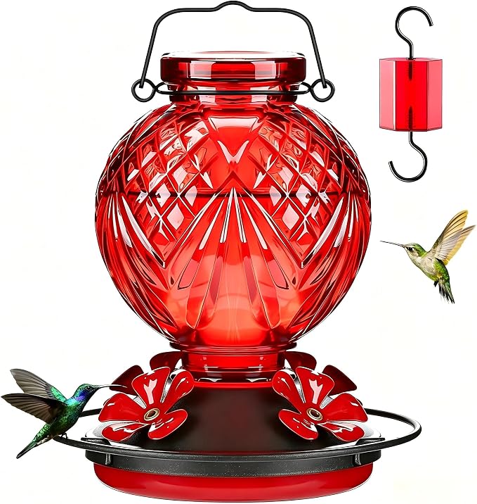 Glass Hummingbird Feeder for Outdoors Hanging, 20oz Bird Nectar Feeder with 4 Bee Guard Flower-Shaped Feeding Ports & Built-in Ant Moat, Easy to Clean, for Bird Lover,1 Pack, Red