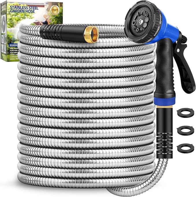 Garden Hose 75 ft, Stainless Steel Metal Hose, Flexible Water Hose with 10 Function Nozzle, Kink Free, Leak-Proof, Heavy Duty Hose for Yard, Outdoor, Lawn, RV, Car Wash and Camper Use