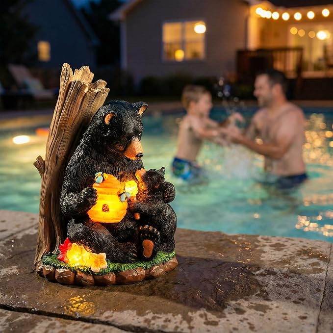 Candieslife Solar Bear Garden Statue with Glowing Beehive & Cub - Outdoor LED Figurine Decor for Patio, Lawn, Yard Art - Unique Birthday Housewarming Gift for Women, Mom, Father