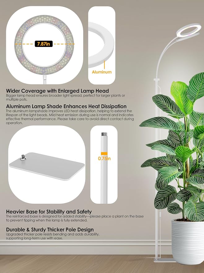 GLOWRIUM Grow Lights for Indoor Plants, Full Spectrum LED Grow Light, Stepless Dimming,3 Lighting Mode and Adjustable Height, Plant Light with 3/9/12/16H Timer (White, Dual Heads)