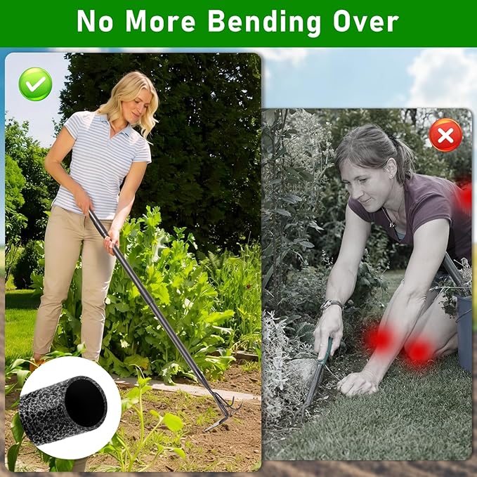 2-in-1 Garden Hoe & Cultivator Tool – Heavy Duty 3-Tine Claw Rake with Adjustable Long Handle (52”-75”), Effortless Weeding, Soil Loosening & Planting, Ideal for Garden Beds, Yard & Backyard
