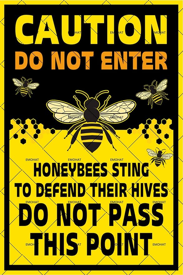 EMOHAT Caution Do Not Enter Honeybees Sting To Defend Hives Metal Tin Sign, Bee Farm Warning Sign for Garden Yard Farm, 16x12 Inch Rustic Man Cave & Farmhouse Decor