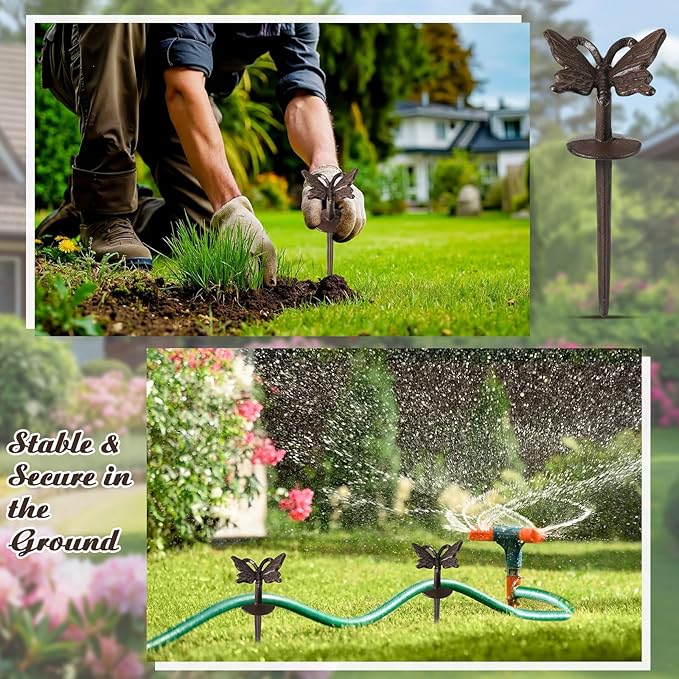5 Pcs Garden Hose Guide Stake Bulk 9.45'' Rusty Butterflies Garden Hose Guide Spike Rust Decorative Cast Iron Stakes Heavy Duty Metal Outdoor Saver Tools for Lawn Yard Patio