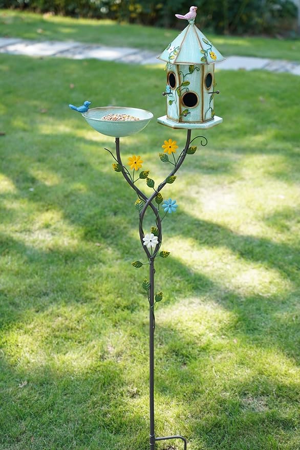 HLQMFHT 56" H Bird Baths and Bird Houses with Pole,Metal Bird Bath Bowl,birdhouses for Outdoors,Bird Bath with Stake,Garden Yard Decor