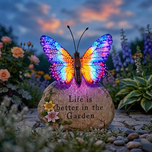 Solar LED Butterfly Garden Statue with Sparkling Light-Up Wings - Outdoor Yard Patio Decor Figurine, for Women Mom Grandma (Orange)