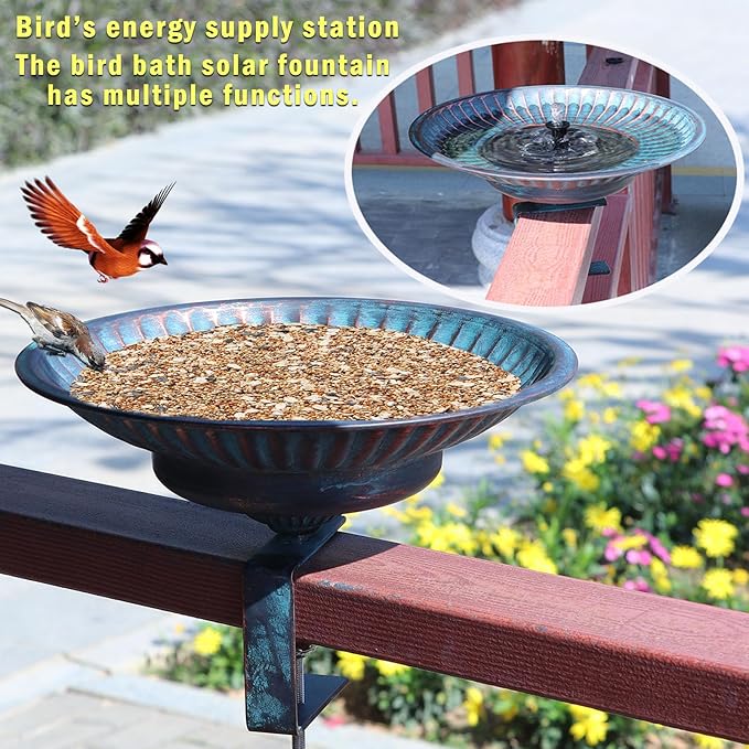 Solar Bird Bath,Deck Bird Bath with Solar Fountain,Metal Bird Bath Bubbler,Adjustable Sturdy Balcony Bird Bath,Patio Garden Decor
