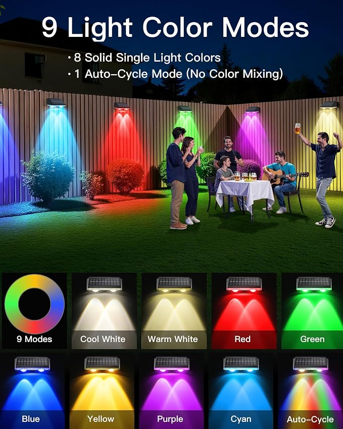 KEILAIMO Solar Fence Lights Outdoor, 16 Pack IP65 Waterproof Fence Lights Solar Powered with Ultra-Bright LED Lens, 9 Color Modes, 12+ Hours Steady Glow for Deck/Backyard/Patio/Pool/Wall - Black