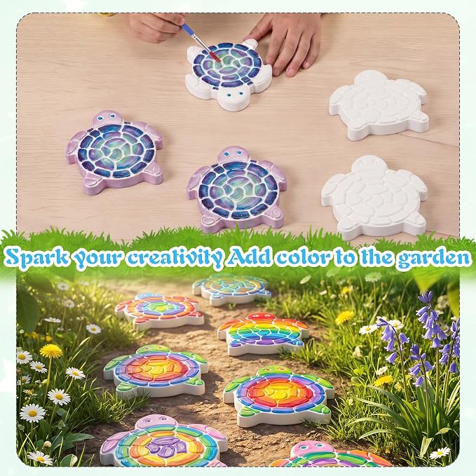 Lewtemi 8 Pcs Paint Your Own Stepping Stones for Craft, DIY Plaster Stepping Stones Garden Decor Painting Art Set for Art Class, Summer Activities & Home Decor (Turtle)