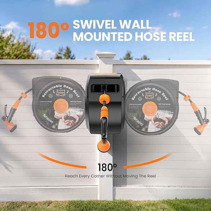 Retractable Garden Hose Reel, 1/2 in x 65 ft Wall Mounted Hose Reel Heavy Duty with 10-Function Sprayer Nozzle, Any Length Lock, Slow Return System, 180°Swivel Bracke for Large Yard Lawn Car Washing