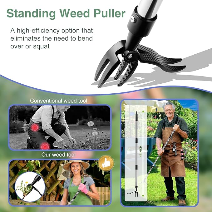 Weed Puller Detachable Stand Up Weed Puller Tool Long Handle with 4-Claw Stainless Steel Head & Removable 4-Section Pole Garden Hand Weeding Tools - Stand up and Weed Effortlessly