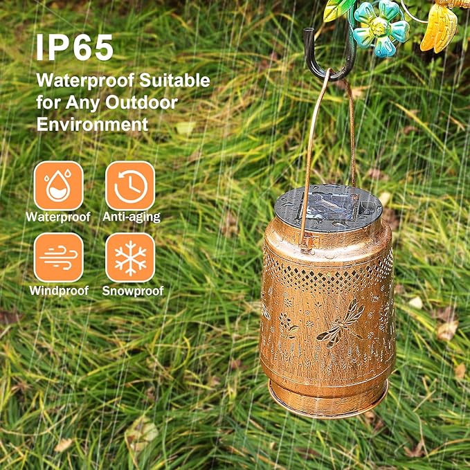 2 Pack Solar Lanterns Outdoor Waterproof Dragonfly Garden Decor, Birthday Gifts for Women Mom Grandma, Hanging Solar Lights Metal LED Decoration with Shepherd Hook Outside for Yard Patio Lawn Porch