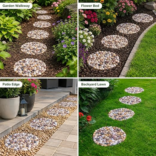 Stepping Stones Outdoor, Natural River Rock Garden Pavers, Set of 6 Round Pebble Stones for Walkway, Yard, Lawn, Patio, Pathway & Landscaping Decor (Roundness)