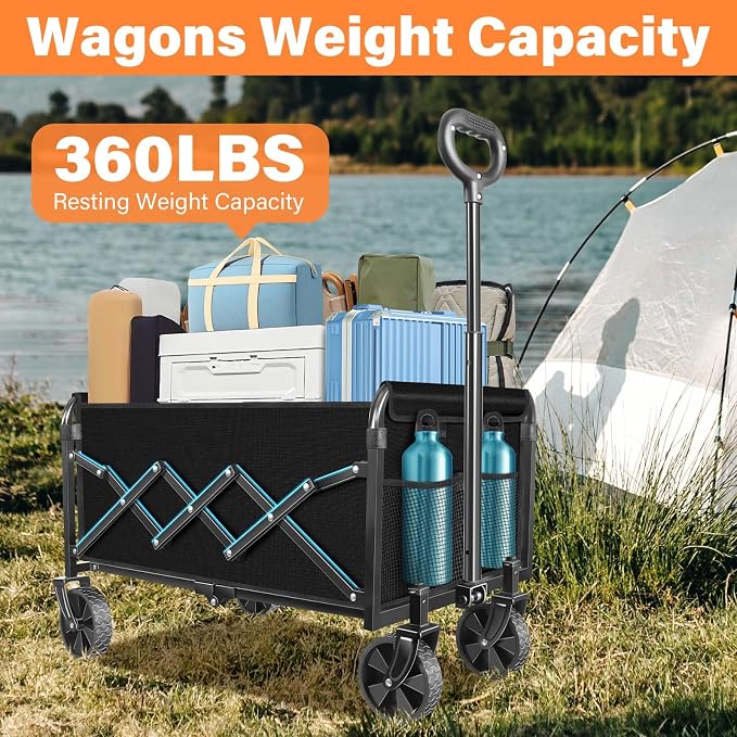 Wagons Carts Foldable, Collapsible Wagon Cart with Wheels - Beach Wagon Cart with Wheels for Sand Sports Camping Grocery