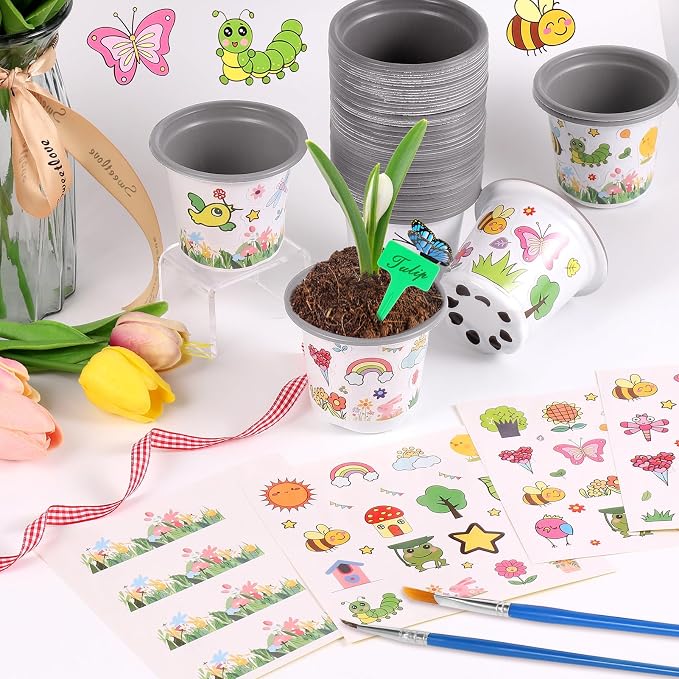 Garden Plastic Pot Craft Kit 50 Nursery Pots with 32 Stickers 50 Plant Labels 4 Painting Tools and 1 Ribbon for Flower Plant Spring Summer Graduation DIY Crafts Painting Gardening Growing Tools