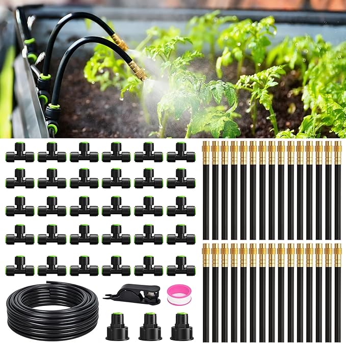 RAINPOINT Drip Irrigation System, Garden Watering Kit with 360°Adjustable Copper Nozzles, Automatic Atomizing Watering Sprinkler System for Greenhouse, Lawn, Raised Beds, Outdoor Plants (Green, 100FT)