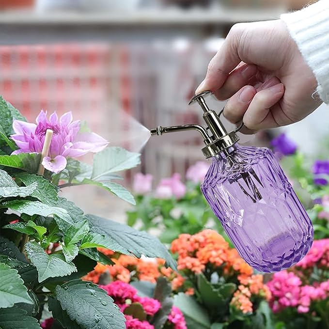 Glass Plant Mister Spray Bottle, 400ML Vintage Plant Spritzer with Top Pump Watering Can for Indoor Outdoor House Plants, Flowers (Purple)