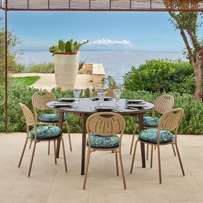 DYTXIII Set of 2 Outdoor Round Chair Cushions 15"x15"x4" with Ties, Water Repellent Tufted Bistro Seat Cushions, Thick Patio Chair Pads for Bar Stool, Garden & Dining Furniture - Paisley Lapis Green