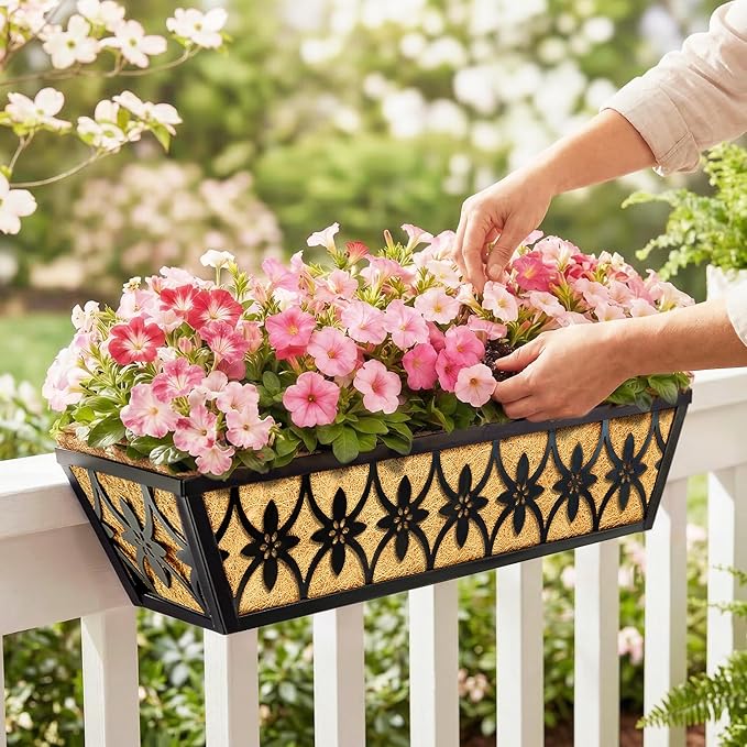 24 Inch Window Boxes Planters Railing Planter Box - 4 Pack Deck Railing Planter Boxes with Adjustable Brackets Coco Liners Balcony Planters Railing Hanging for Window Flower Boxes Outdoor Garden Decor