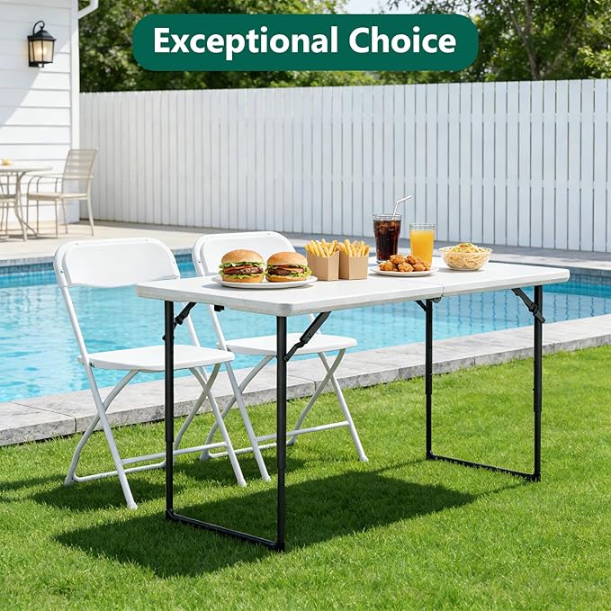2 Pack Folding Table 4ft - Heavy Duty Fold-in-Half Plastic Table with Adjustable Height, Portable Utility Tables with Steel Legs for Indoor, Outdoor, Picnic, Camping, Dining, Party (White)