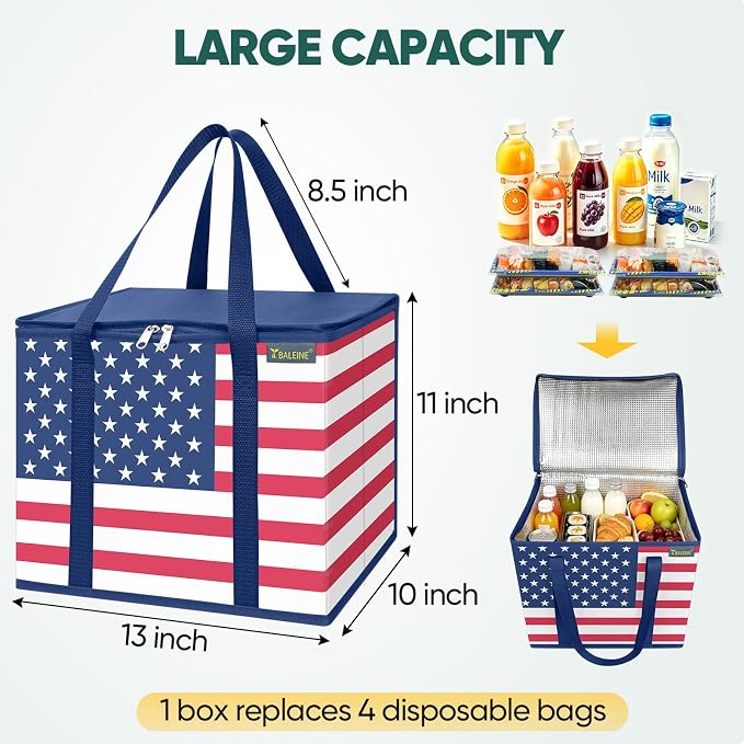 BALEINE 3Pk Insulated Reusable Grocery Bags, Foldable Shopping Bags for Groceries with Reinforced Bottom & Handles (Patriot Celebration)
