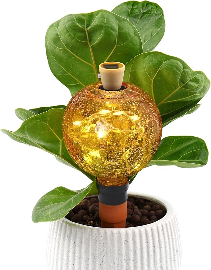 SAVENNA Crackle Glass Plant Watering Globe with Terracotta Spike,Self-Watering Irrigation for Potted Plants, with Solar Accent Light for Indoor & Outdoor Décor, 17oz, Yellow–Pink Gradient