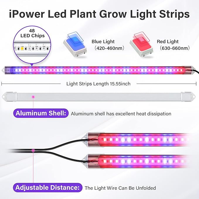 iPower 20W LED Grow Light Strips for Indoor Plants with Auto ON/Off 3/9/12H Timer 10 Dimmable Levels 48 LEDs Per Tube Sunlike Grow Lamp for Hydroponics Succulent, Red&Blue