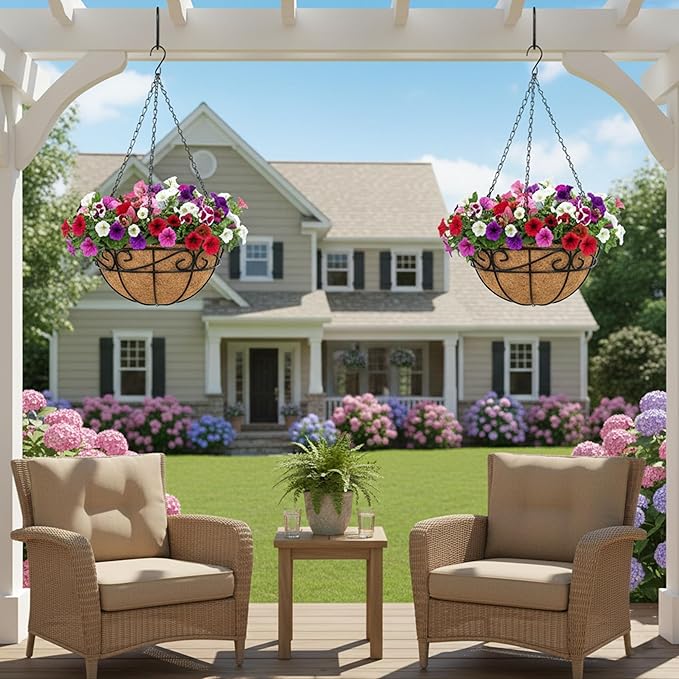 EIMQUVW Outdoor Metal Hanging Planters Basket (2pack, 12 inch) Hanging Baskets for Plants Chain Round Wire Plant Holder with Coco Fiber Liners for Garden, Patio, Deck, Porch(Flower Border)