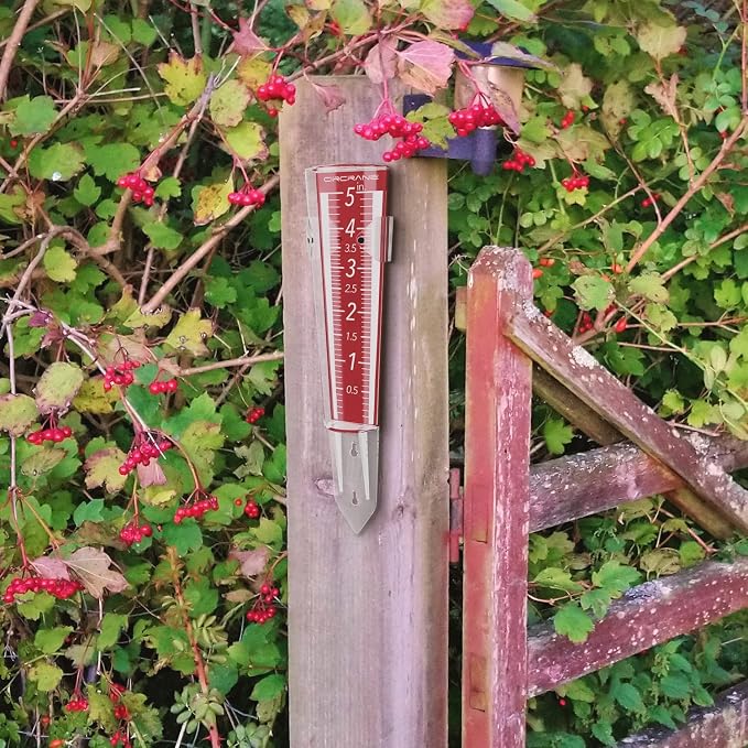 Circrane 5-Inch Capacity Outdoor Rain Gauge with Additional Hang Bracket& Stainless Steel Screws, Magnifying Scale and Numbers Design for Easy Read (Red)