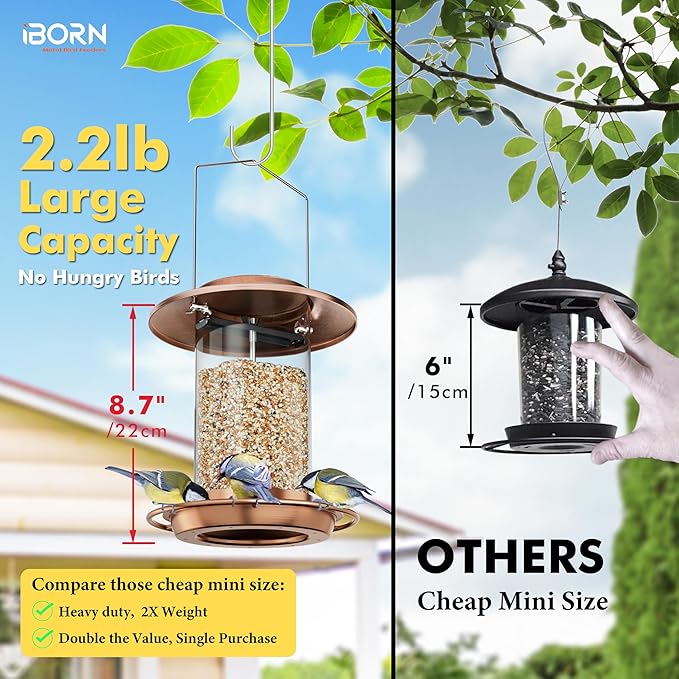 iBorn Bird Feeders for Outdoors Hanging,Metal Bird Feeders for Cardinal Chew Proof 18cm Large Roof&Tray Birdfeeders Outside Hanging,Brushed Copper 6 Port (Seed is not Included)