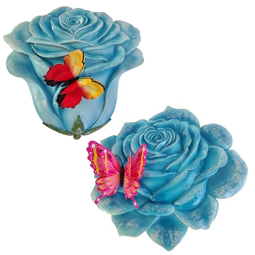 Garden Stepping Stones Outdoor Walkway – Resin Rose Flower Pavers for Path, Lawn & Backyard – Round Decorative Yard Art Decor – Set of 2, Blue