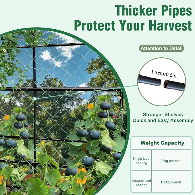 unho 87inch Metal Garden Trellis Arch for Climbing Plants - Polyethylene-Coated Anti-Rust, Heavy Duty, Wide Walk-Through Outdoor Arch with Net, for Cucumber Tomato Squash Zucchini Peas Grape Flowers