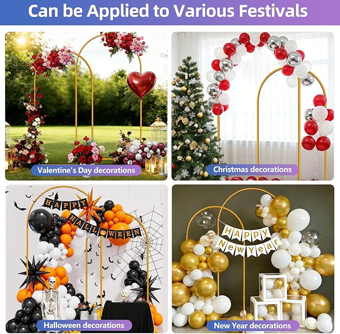 Hemmotop Arch Backdrop Stand Set of 2, 7.2ft & 6ft Metal Arch Frame with Ground Stakes for Party, Ceremony, Bridal Shower, Birthday, Photo Booth, Garden Decoration, Baby Shower