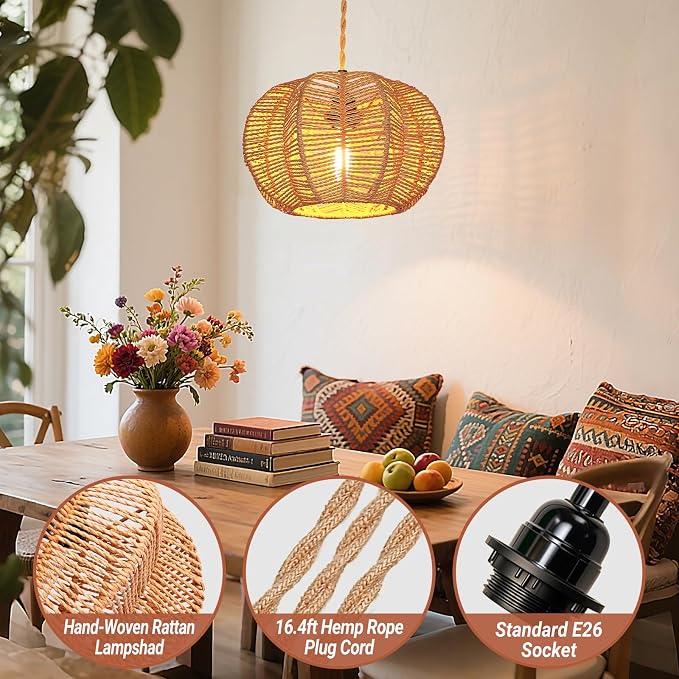 Hanging Lights with Plug in Cord Rattan Hanging Lamp Boho Ceiling Light Fixtures Farmhouse Pendant Lamp Shape for Living Room Bedroom Kitchen