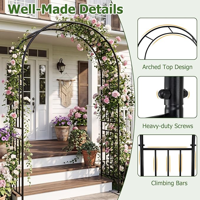 LDAILY Moccha Garden Arch Arbor Trellis, 7.2Ft Outdoor Steel Arbor with Stakes, Metal Archway for Climbing Plants, Wide Sturdy Garden Arch for Lawn, Party, Ceremony Wedding Decoration, Black(2)