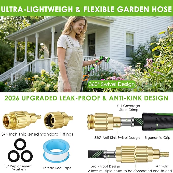 Garden Hose 25 ft, Non-Expandable Ultra-Lightweight Flexible Hose with 360° Dual-End Anti-Kink Design, 10-Pattern Spray Nozzle, 500 PSI Leak-Proof, 96-Strand Braided Fabric, Storage Strap